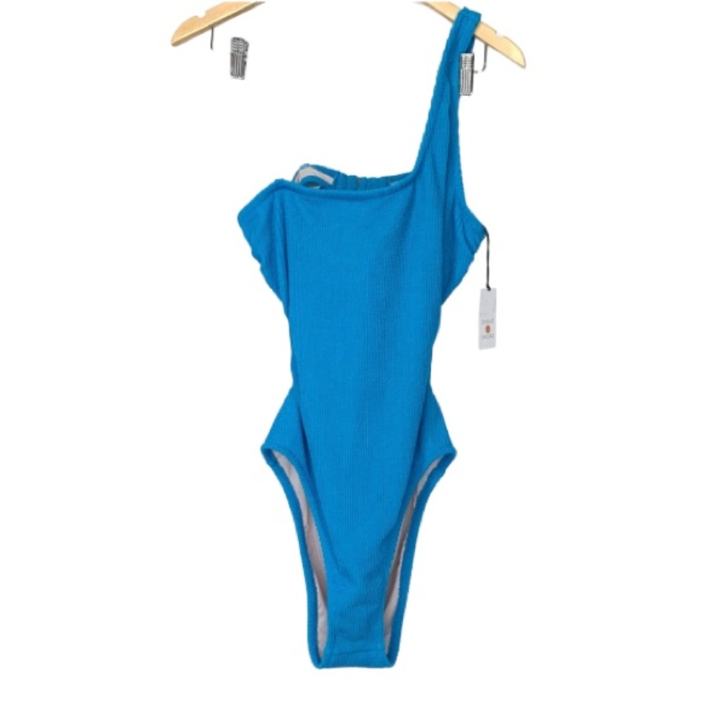 Shade & Shore Retro Solid Blue One Shoulder One Piece Swimsuit W/ Strap Option
